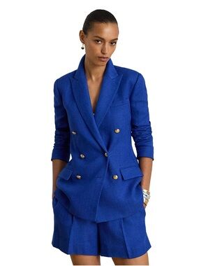 💙 Lauren Ralph Lauren Double-Breasted Linen-Cotton Blazer - Cobalt